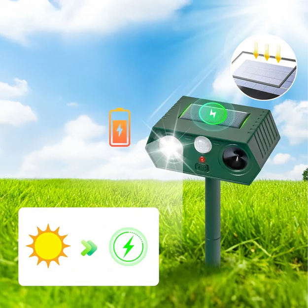 Ultraskaņas saules enerģijas dzīvnieku atbaidītājs suņiem, mežacūkām, kustību sensors 2 gab.