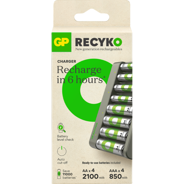 GP - ReCyko Econ Battery Charger, E821 (USB), incl. 4 x AA 2100 mAh + 4 x AAA 850 mAh Batteries