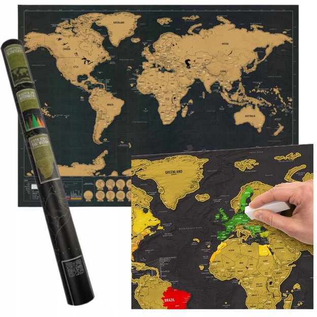 MAPA ŚWIATA ZDRAPKA DUŻA PREZENT DLA PODRÓŻNIKA PLAKAT + TUBA 42x30 CM