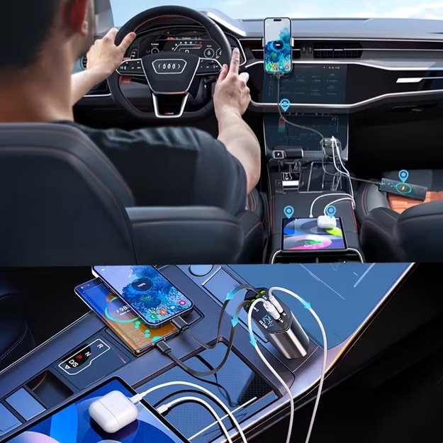 USB C IOS autolaadija sissetõmmatava ühendusega 100W kiirlaadimine 80cm