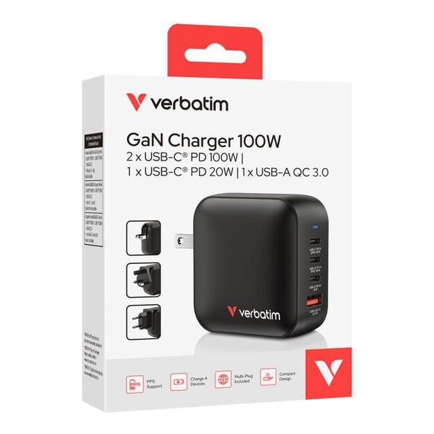 Verbatim - Mini GaN Charger 100W 4 Port US plug with EU and UK adaptors