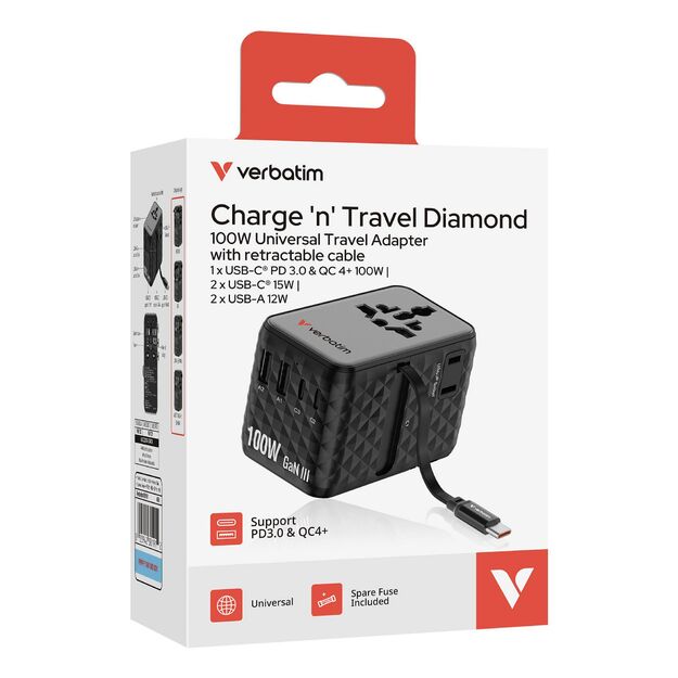 Verbatim - Charge 'n' Travel 100W Universal Travel Adapter with retractable cable Black