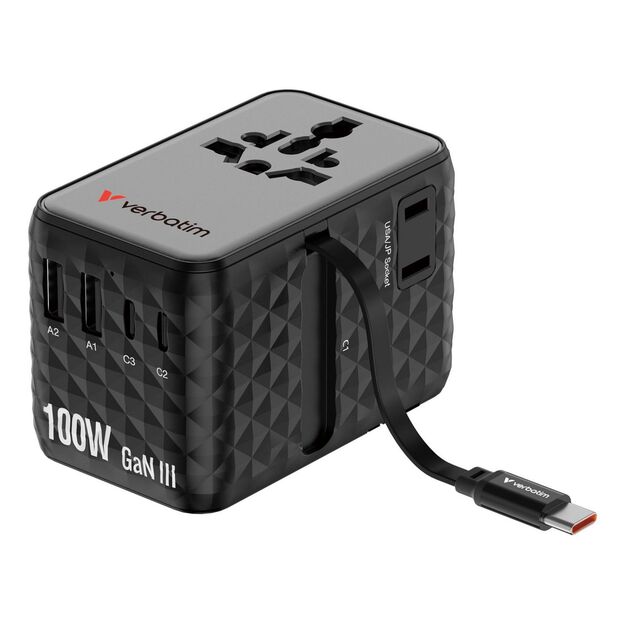 Verbatim - Charge 'n' Travel 100W Universal Travel Adapter with retractable cable Black