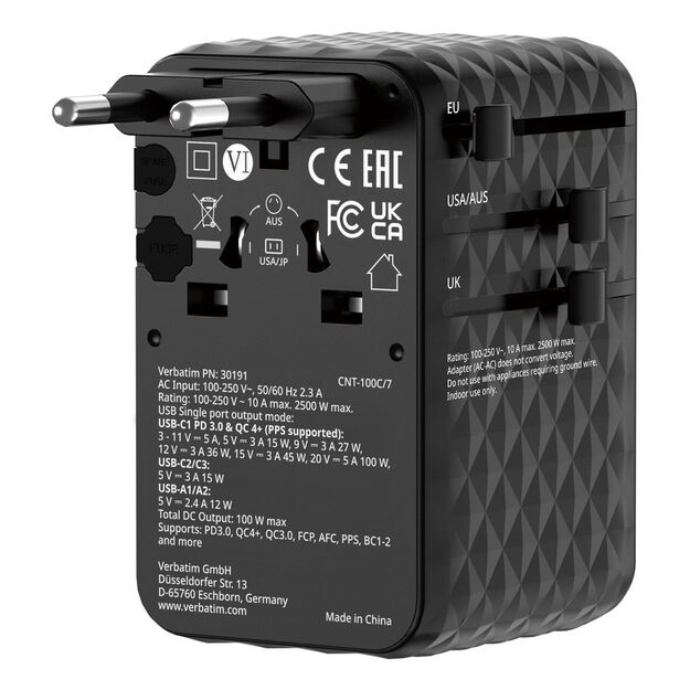 Verbatim - Charge 'n' Travel 100W Universal Travel Adapter with retractable cable Black