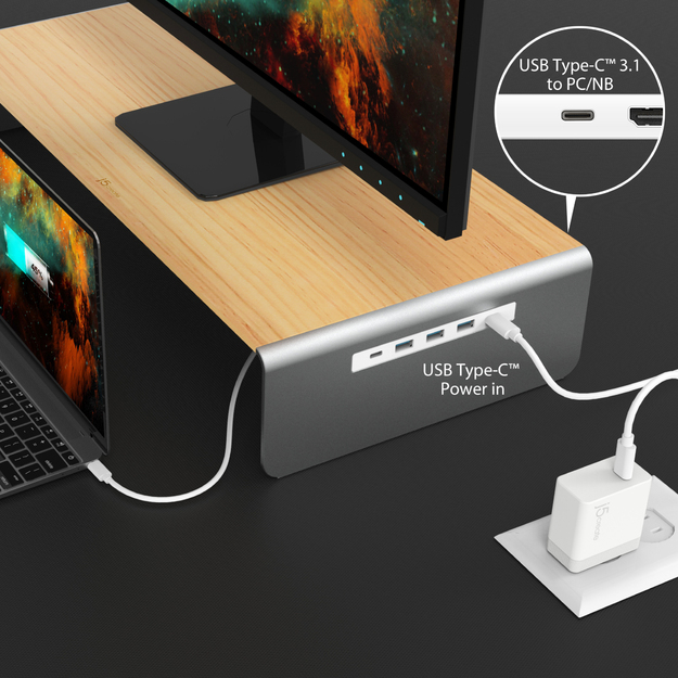 J5create - Wood Monitor Stand With Docking Station