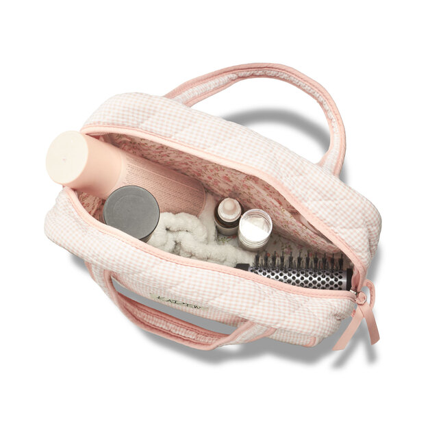 Karen - Large toiletry bag with handle - Pink checkered quilt
