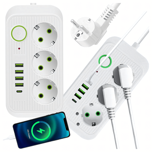 Listwa Zasilająca Przedłużacz Sieć 2m 3 Gniazda 5 x USB Ładowarka Włącznik