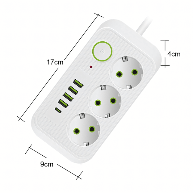 Listwa Zasilająca Przedłużacz Sieć 2m 3 Gniazda 5 x USB Ładowarka Włącznik 6