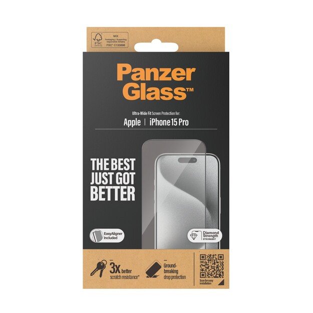 PanzerGlass - Screen Protector iPhone 15 Pro - Ultra-Wide Fit w. EasyAligner
