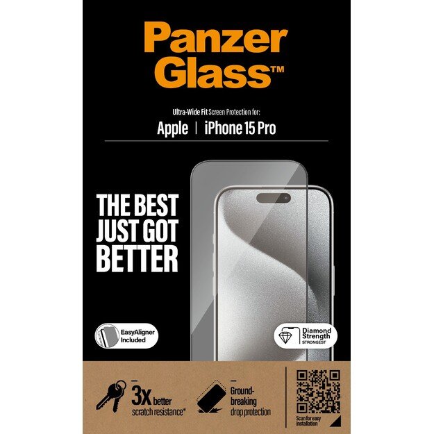 PanzerGlass - Screen Protector iPhone 15 Pro - Ultra-Wide Fit w. EasyAligner