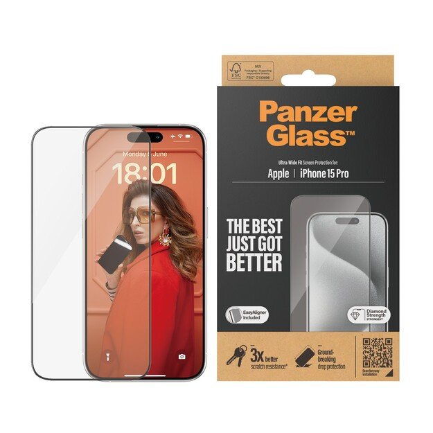 PanzerGlass - Screen Protector iPhone 15 Pro - Ultra-Wide Fit w. EasyAligner