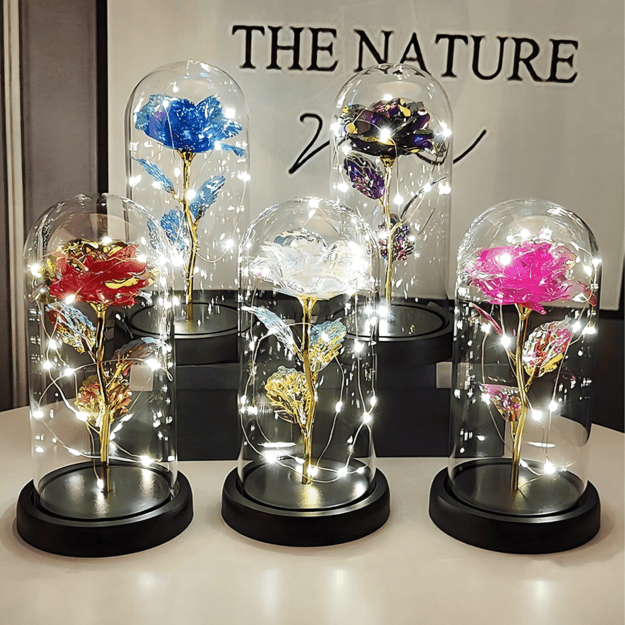 Amžina rožė stikle, šviečiantis LED, dovanos idėja kaip tikra balta rožė