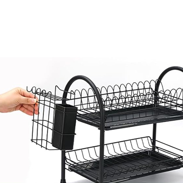 Kahetasandiline metallist nõudekuivatusrest, must, suur