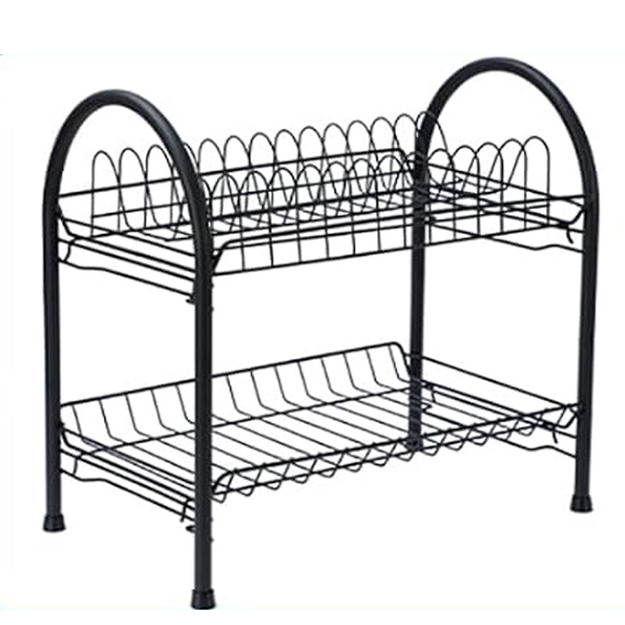 Kahetasandiline metallist nõudekuivatusrest, must, suur