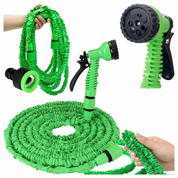 Dārza šļūtene, elastīga, 5-15 m, savienotāji, universāls pistoles komplekts