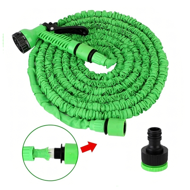 Dārza šļūtene, elastīga, 5-15 m, savienotāji, universāls pistoles komplekts