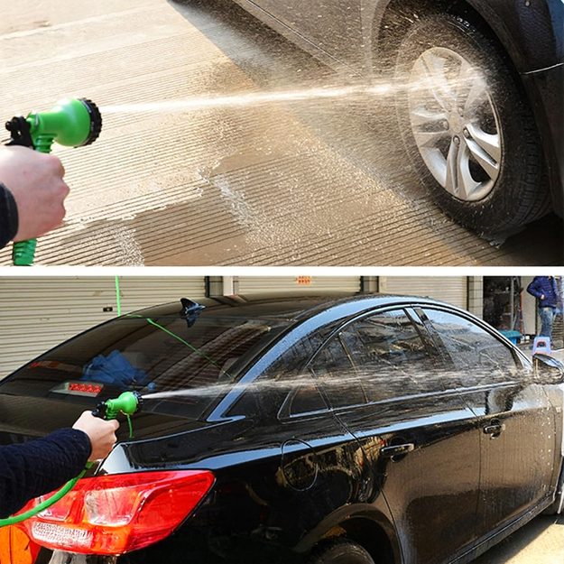 Dārza šļūtene, elastīga, 5-15 m, savienotāji, universāls pistoles komplekts