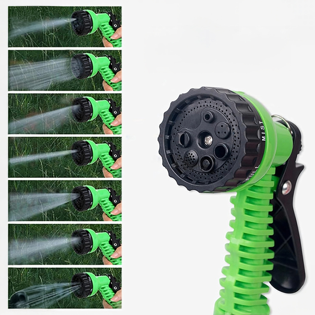 Dārza šļūtene, elastīga, 5-15 m, savienotāji, universāls pistoles komplekts