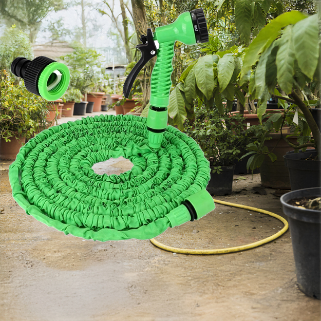 Dārza šļūtene, elastīga, 5-15 m, savienotāji, universāls pistoles komplekts