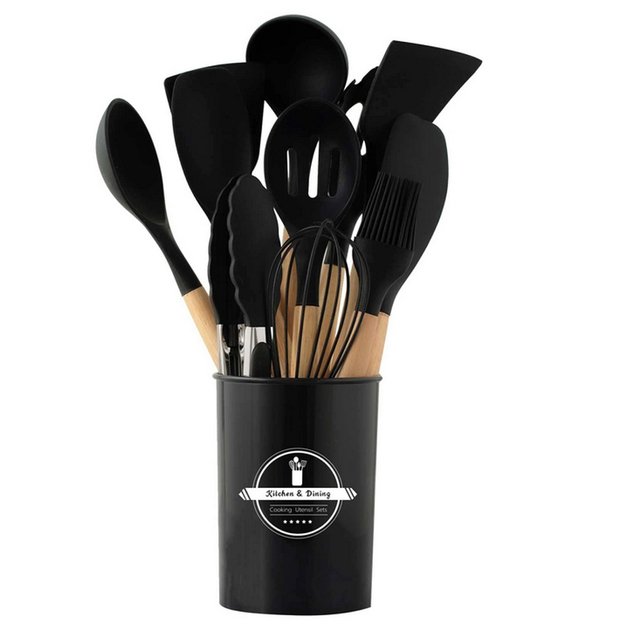 Virtuvės įrankių rinkinys, silikoniniai, mediniai, 12 vnt.