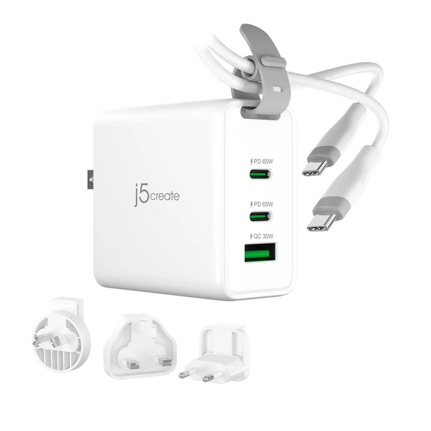 J5create - 65W GaN USB-C 3-Port Travel Charger w/ Interchangeable Plugs