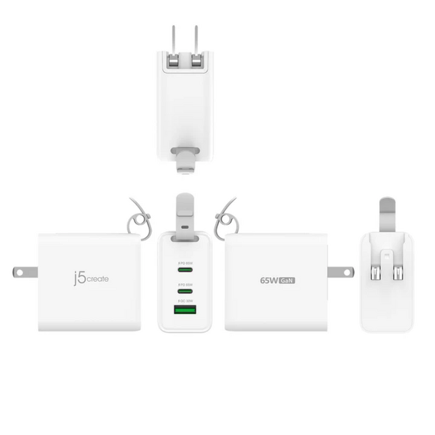 J5create - 65W GaN USB-C 3-Port Travel Charger w/ Interchangeable Plugs