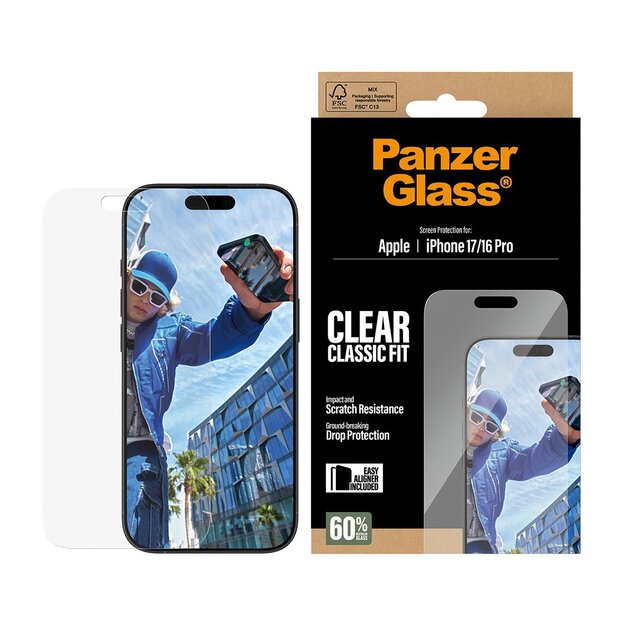 PanzerGlass - Screen Protector iPhone 17/iPhone 16 Pro - Classic Fit w. EasyAligner