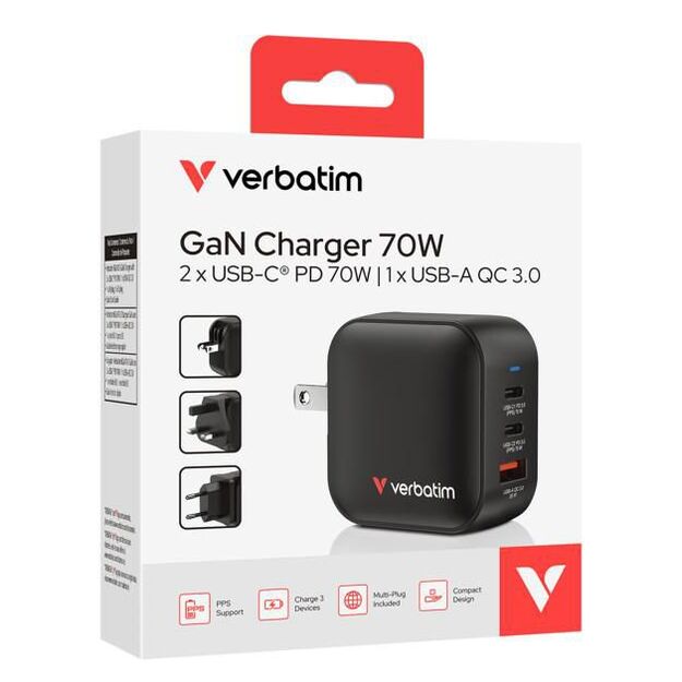 Verbatim - Mini GaN Charger 70W 3 Port US plug with EU and UK adaptors