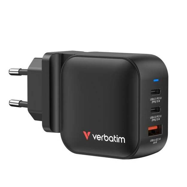Verbatim - Mini GaN Charger 70W 3 Port US plug with EU and UK adaptors