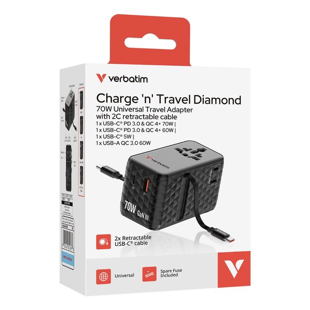 Verbatim - Charge 'n' Travel 70W 2C retractable Universal Travel Adapter Black
