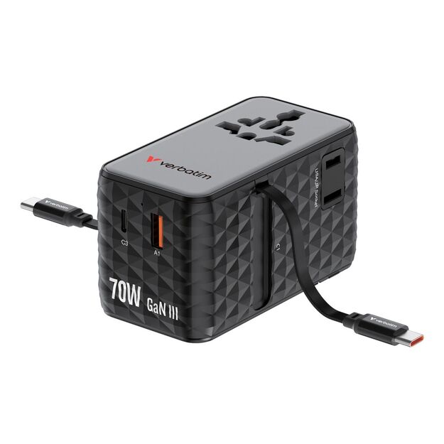 Verbatim - Charge 'n' Travel 70W 2C retractable Universal Travel Adapter Black