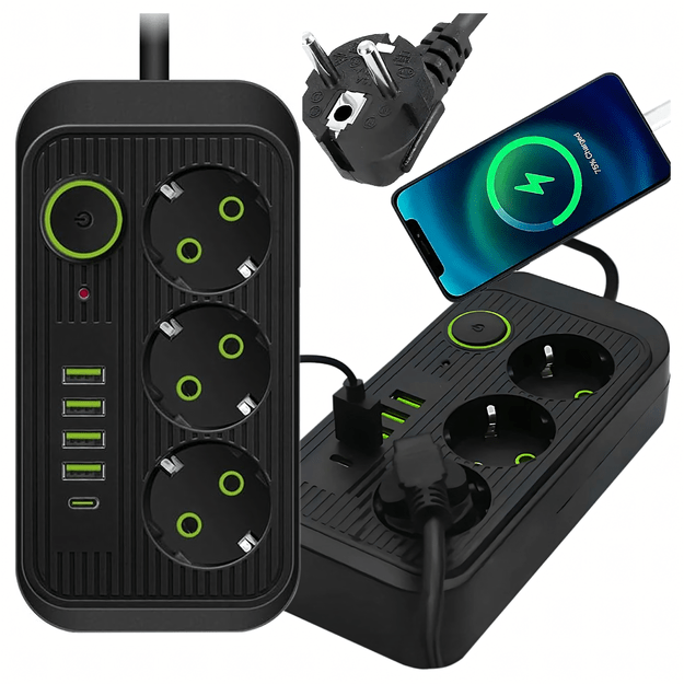 Listwa Zasilająca Przedłużacz Sieć 2m 3 Gniazda 5 x USB Ładowarka Włącznik