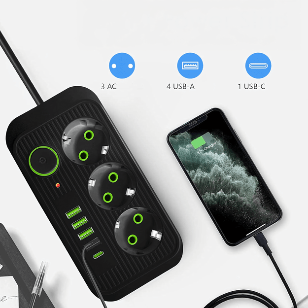 Listwa Zasilająca Przedłużacz Sieć 2m 3 Gniazda 5 x USB Ładowarka Włącznik 11
