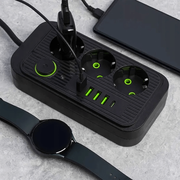 Listwa Zasilająca Przedłużacz Sieć 2m 3 Gniazda 5 x USB Ładowarka Włącznik 15