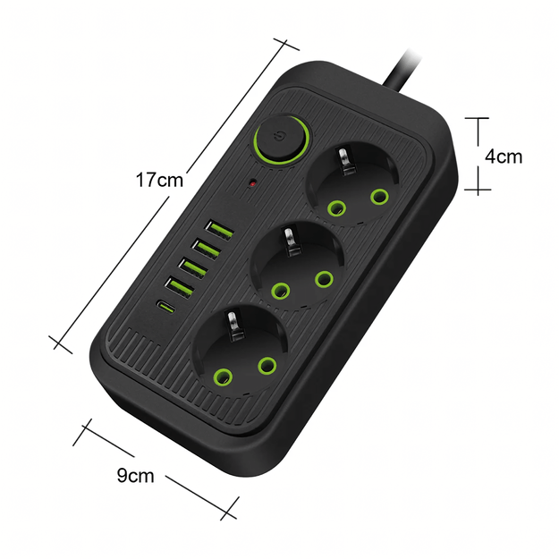 Listwa Zasilająca Przedłużacz Sieć 2m 3 Gniazda 5 x USB Ładowarka Włącznik 5