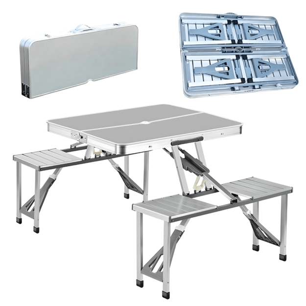 Sulankstomas aliuminio kelioninis stalas su suolais