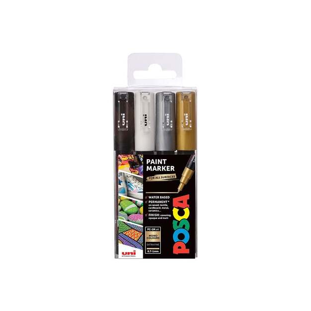 ​Posca - PC1MC - Extra Fine Tip Pen - Gold, Silver, Black and White, 4 pc​