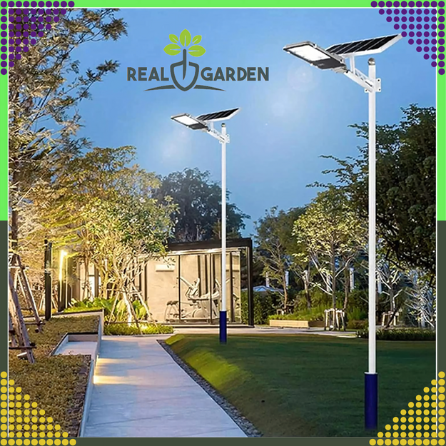 Dārza saules laternas staba lampa ar jaudīgu 300 W ielas paneli, 299 LED