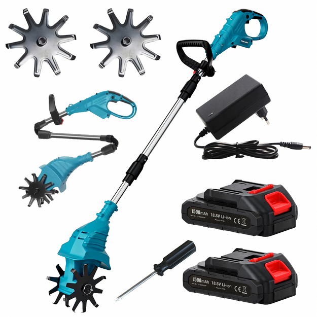 Salokāms bezvadu dārza frēze, elektriskais kultivators, 2x akumulators