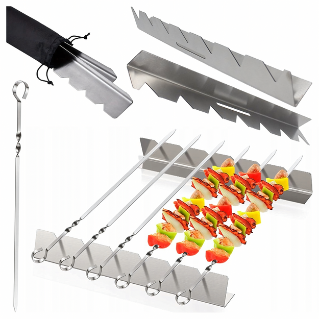 6 x plieniniai grilio iešmeliai su stovu + plieninių maišelių rinkinys
