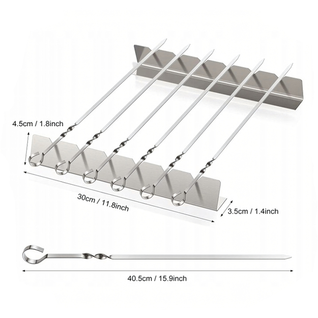 6 x plieniniai grilio iešmeliai su stovu + plieninių maišelių rinkinys