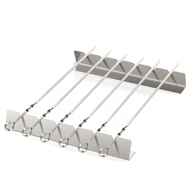 6 x plieniniai grilio iešmeliai su stovu + plieninių maišelių rinkinys