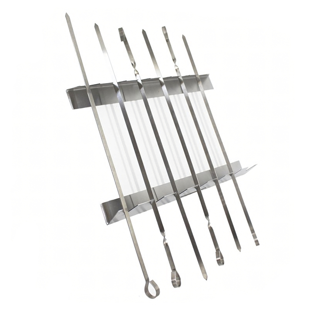 6 x plieniniai grilio iešmeliai su stovu + plieninių maišelių rinkinys