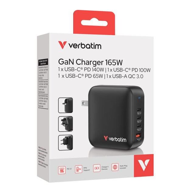 Verbatim - Mini GaN Charger 165W 4 Port US plug with EU and UK adaptors