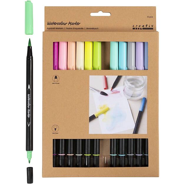 Creativ - Watercolour marker, Pastel, line 2+4-8 mm, assorted colours, 1 pack