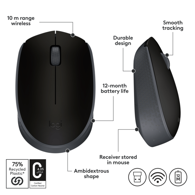 Logitech - M171 RF Wireless Optical 1000DPI Ambidextrous Black