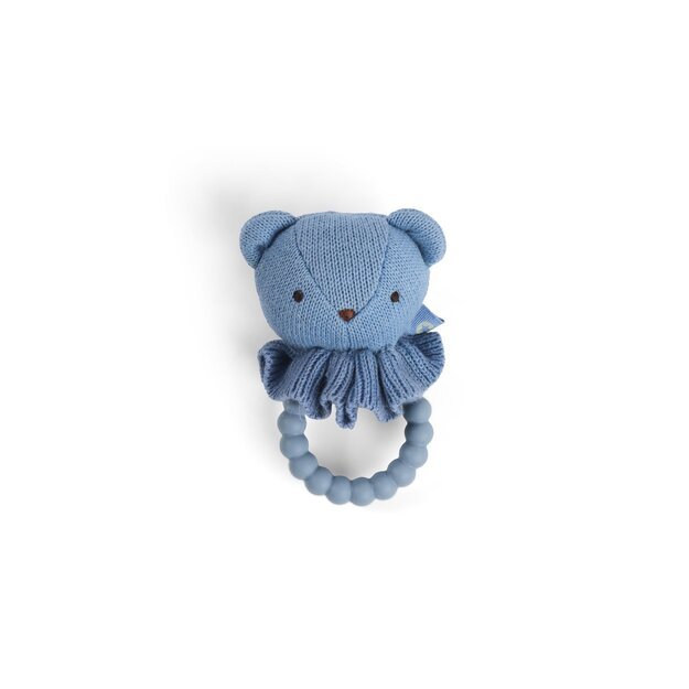 Smallstuff - Rattle, bear face on silicone ring, blue - (40008-91)