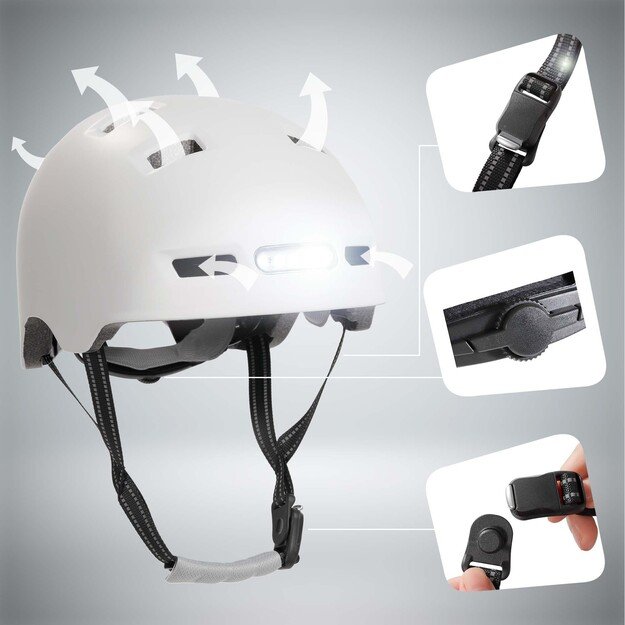 Crazy Safety - Urban bicycle and skater helmet with front and rear lights - Matt White - M (54-57cm)