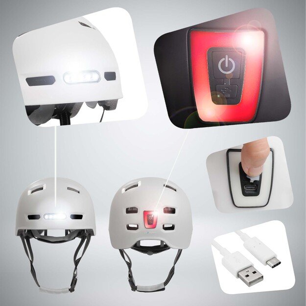 Crazy Safety - Urban bicycle and skater helmet with front and rear lights - Matt White - M (54-57cm)