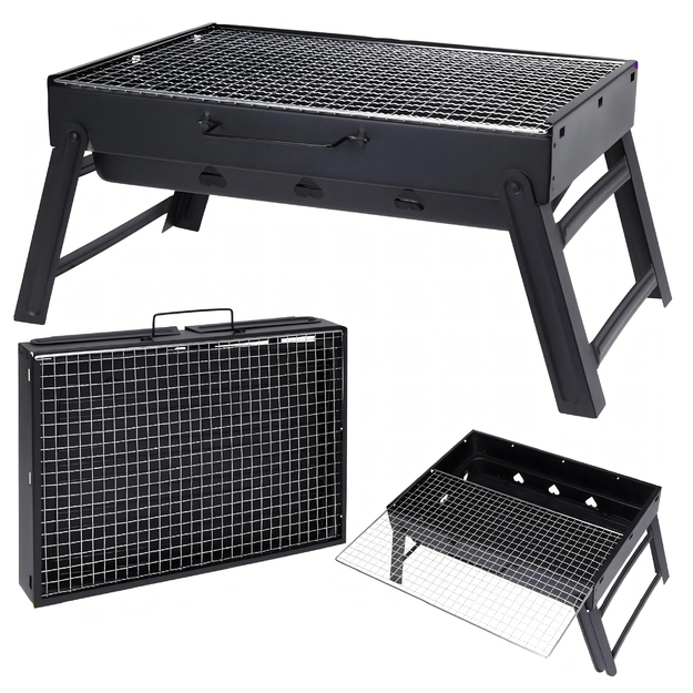 Dārza kempinga grils, salokāms, pārnēsājams, koferis, kempinga ogles